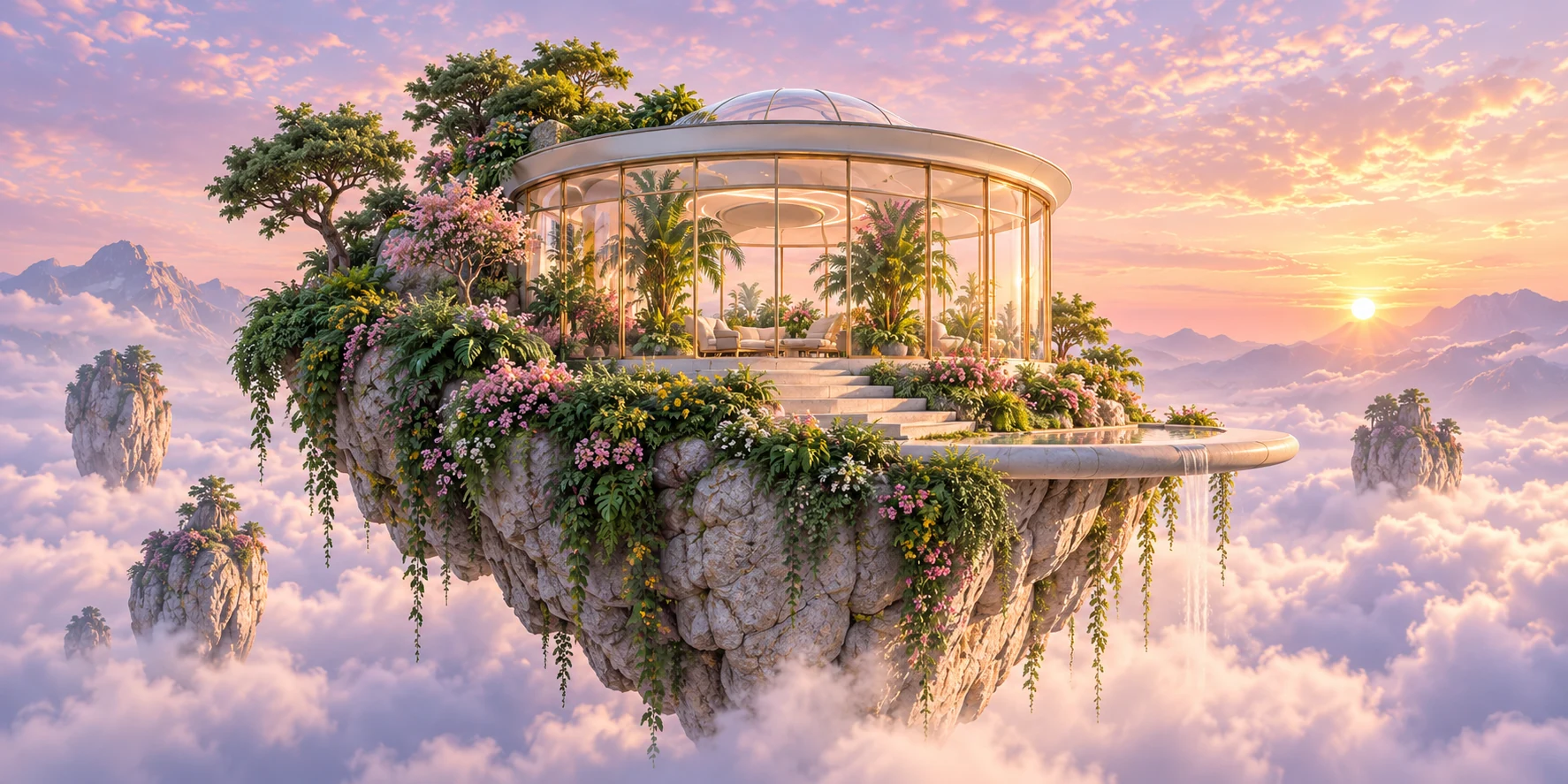 A glass garden pavilion on a floating island at sunset.