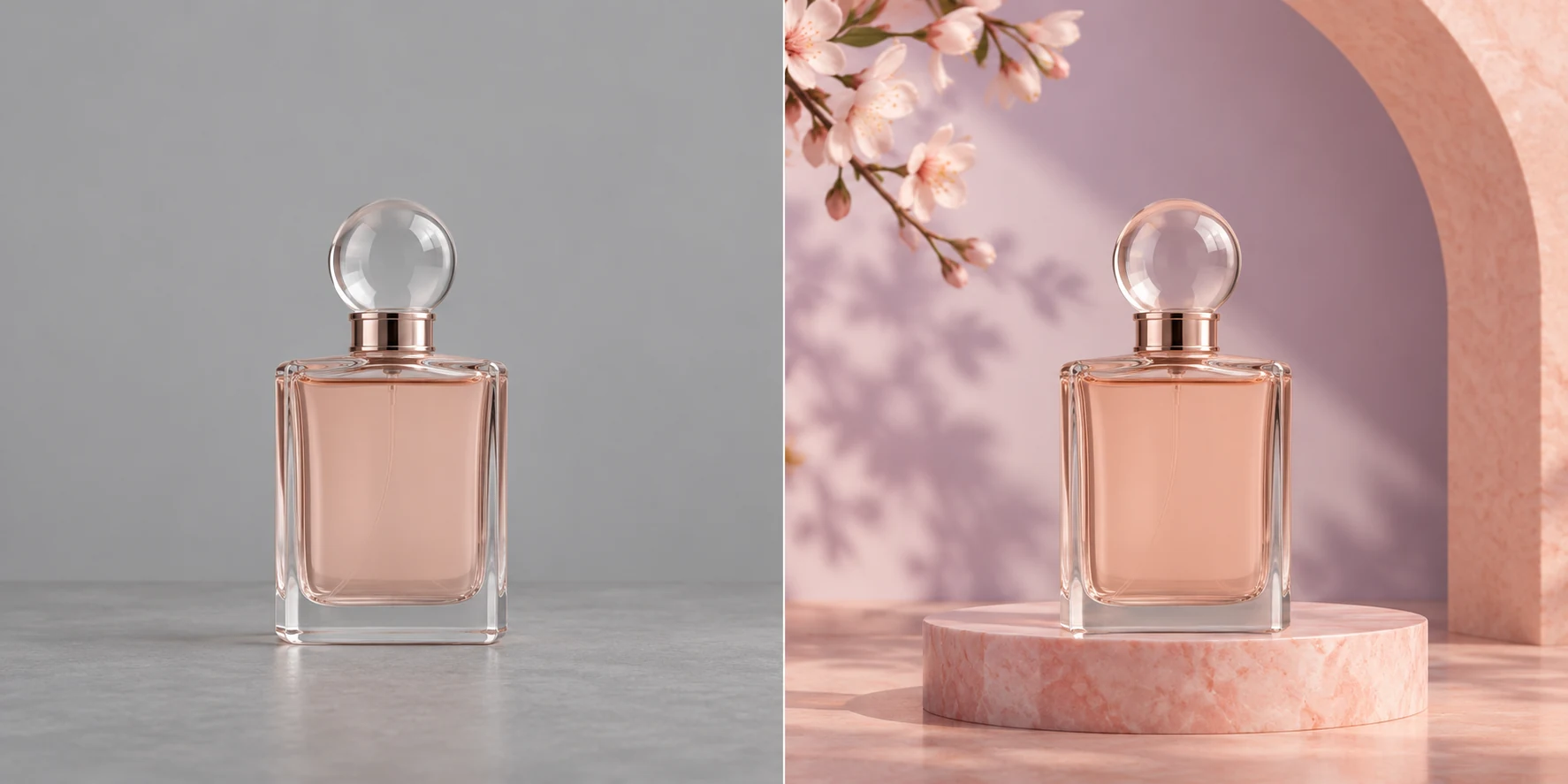 The same perfume bottle with a plain background and a pink studio setting.