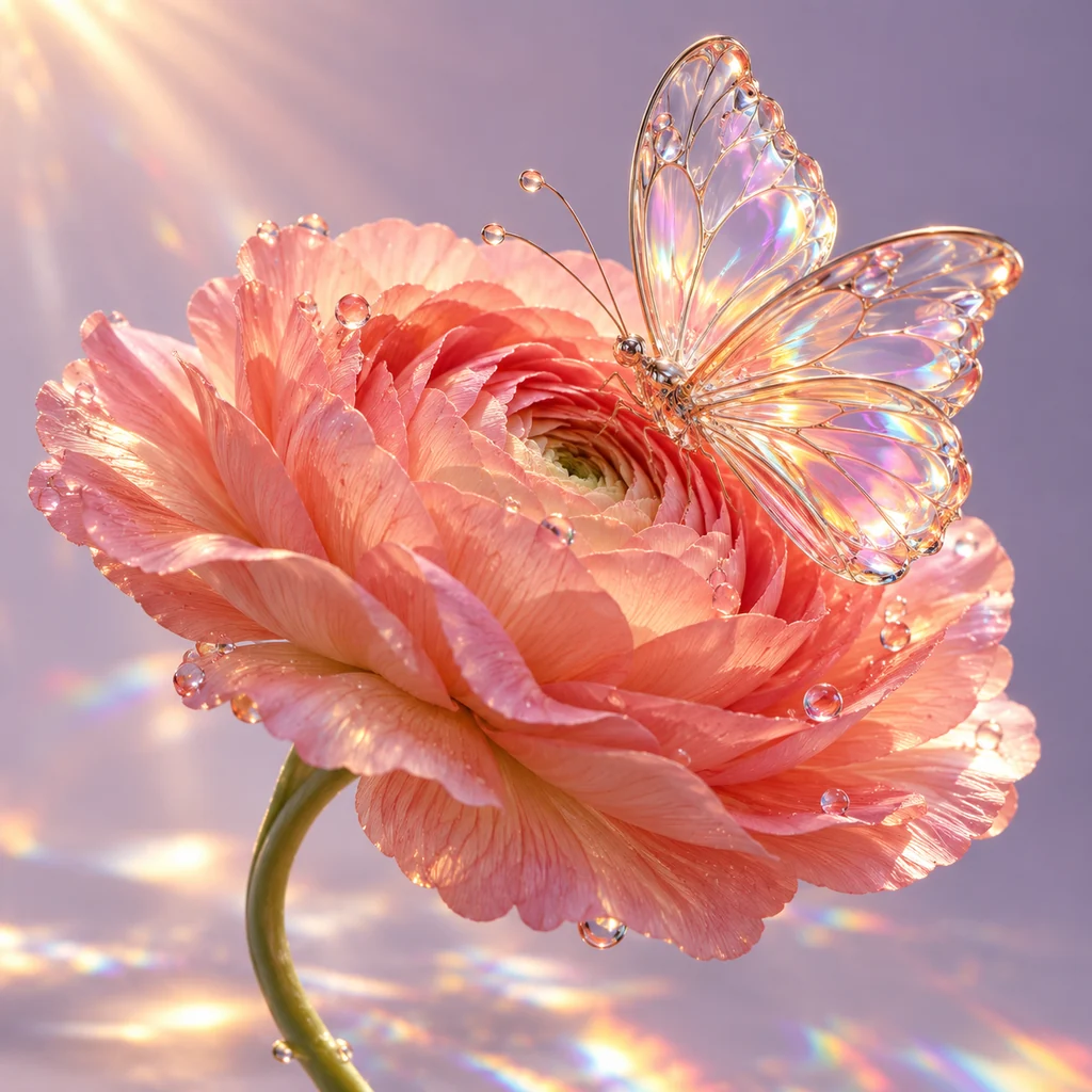 An iridescent glass butterfly perched on a coral-pink flower against a lilac background.