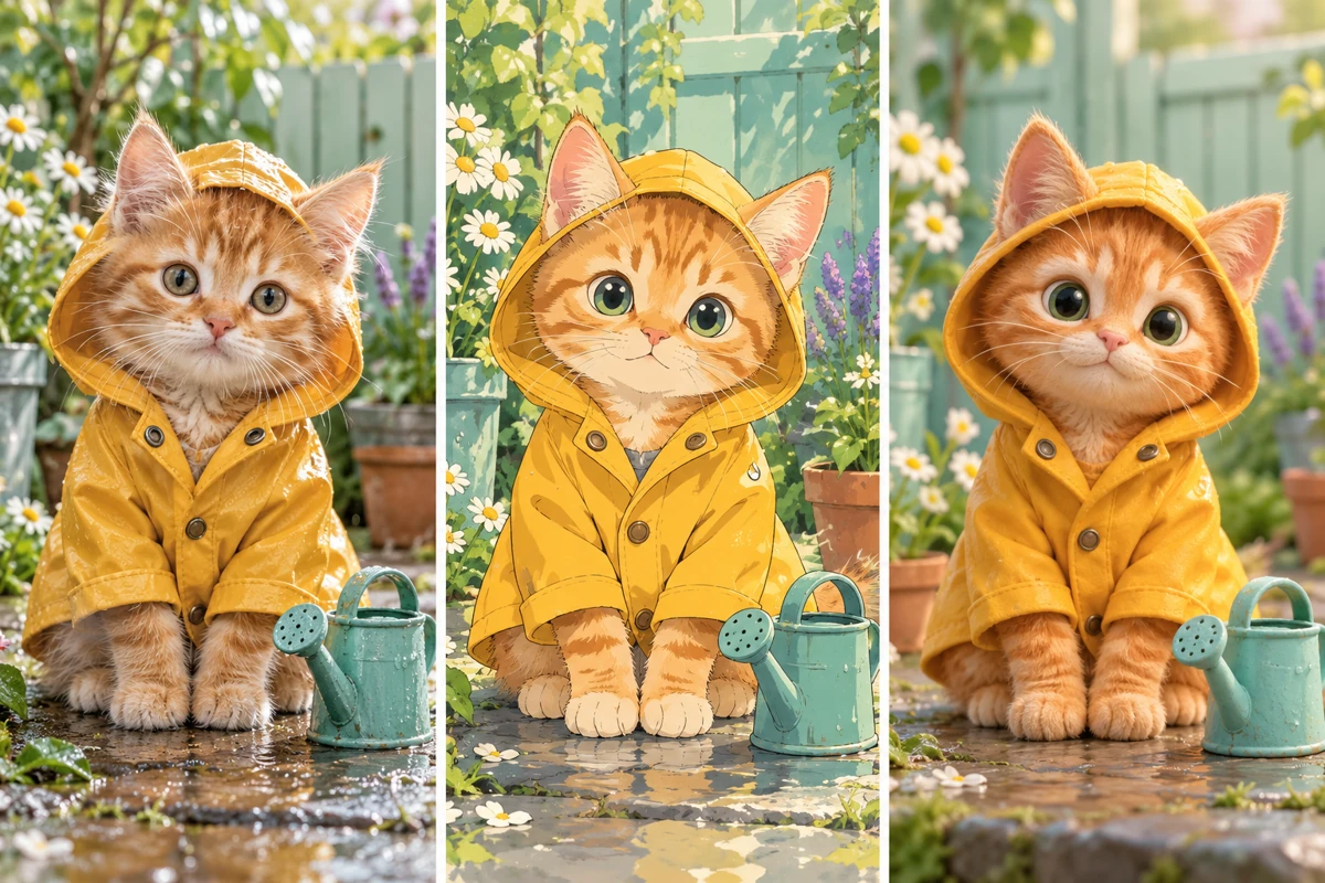 The same orange kitten in a yellow raincoat, shown as a realistic photo, anime illustration and 3D character.