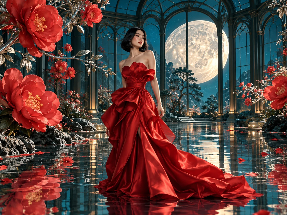 A woman in a red silk dress in a moonlit glass conservatory, surrounded by oversized red flowers and reflections.