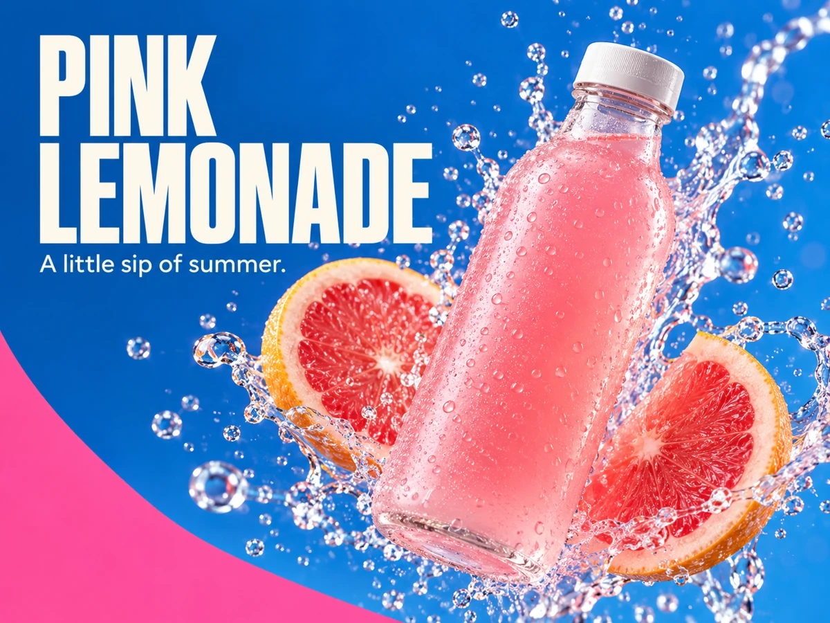 Pink lemonade campaign with a floating drink bottle, grapefruit slices, splashing water and bold cream lettering on blue.