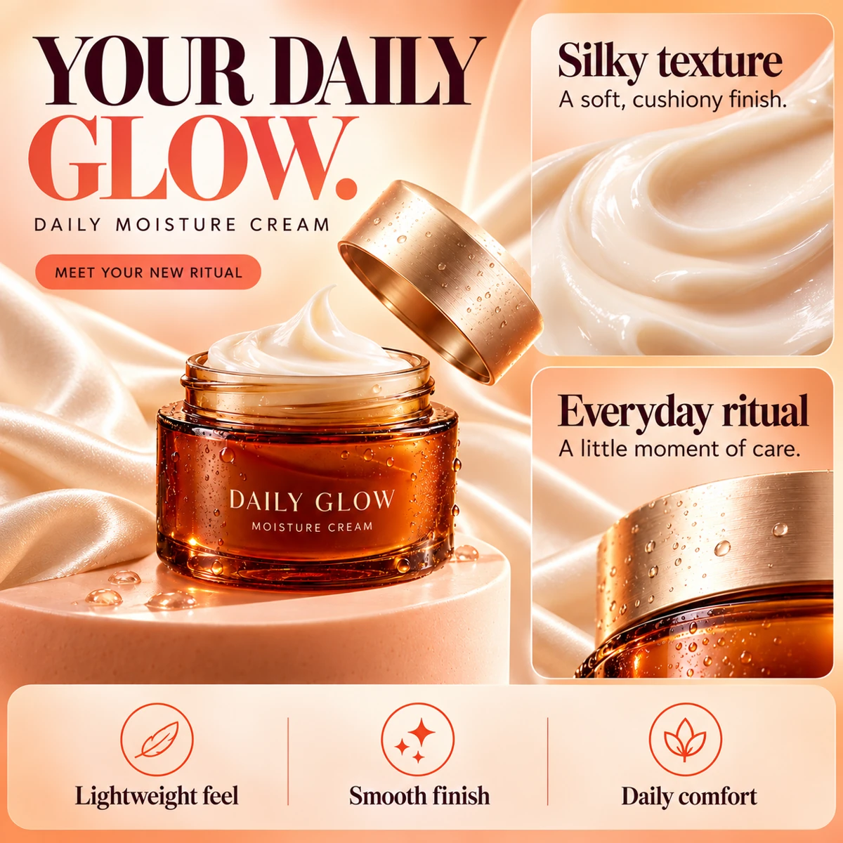 Daily Glow skincare advertisement with an amber cream jar, ivory silk, texture close-ups and three product highlights.
