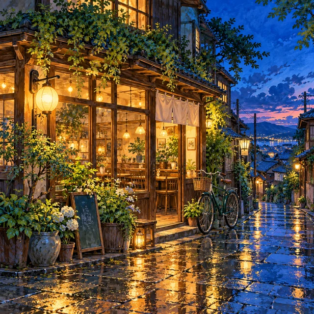An illustrated street cafe glowing after rain at blue hour.