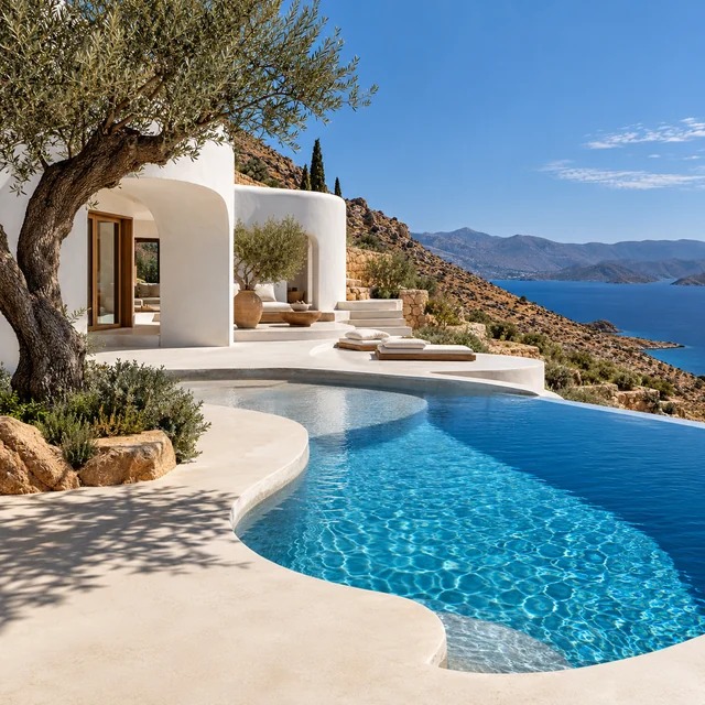 Sculptural white Mediterranean house beside a cobalt swimming pool.