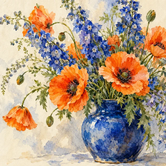 Watercolor poppies and delphiniums in a cobalt vase.