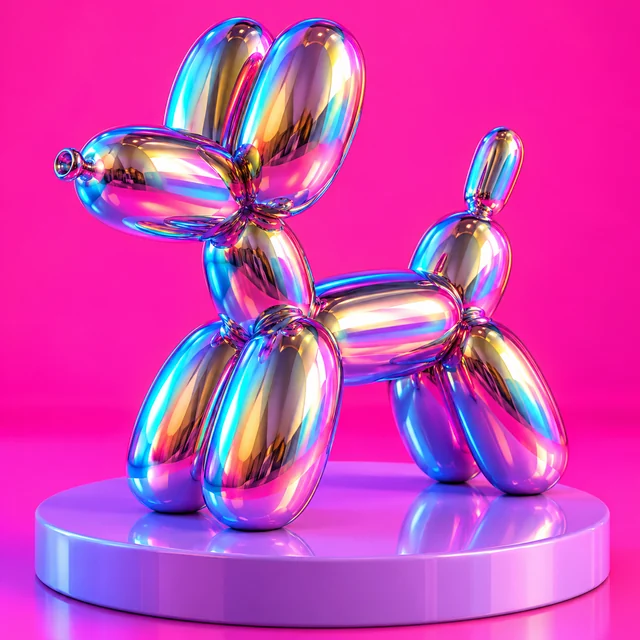 Iridescent chrome balloon dog on a lilac pedestal against hot pink.