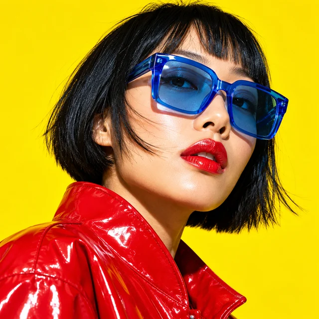 Fashion portrait with blue sunglasses and a glossy red jacket against bright yellow.
