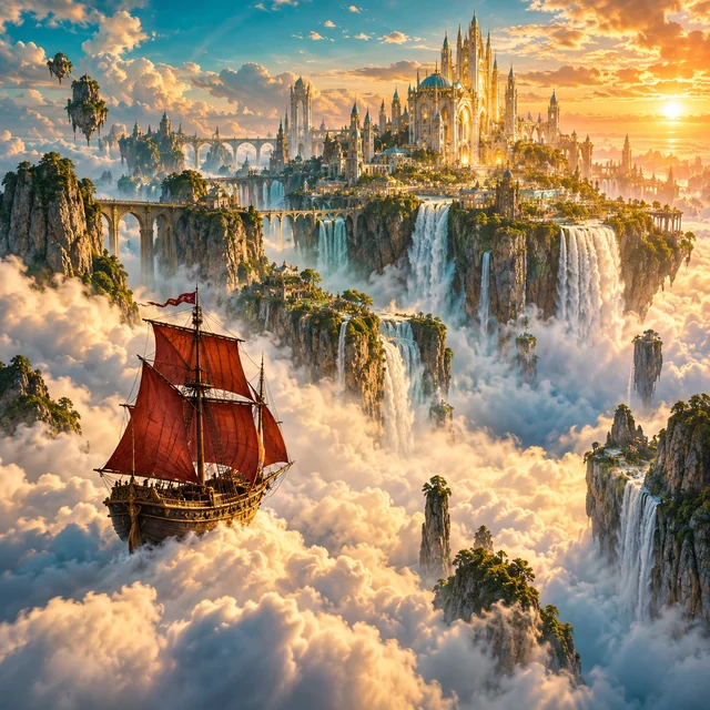 A red-sailed ship approaching a floating city above the clouds.