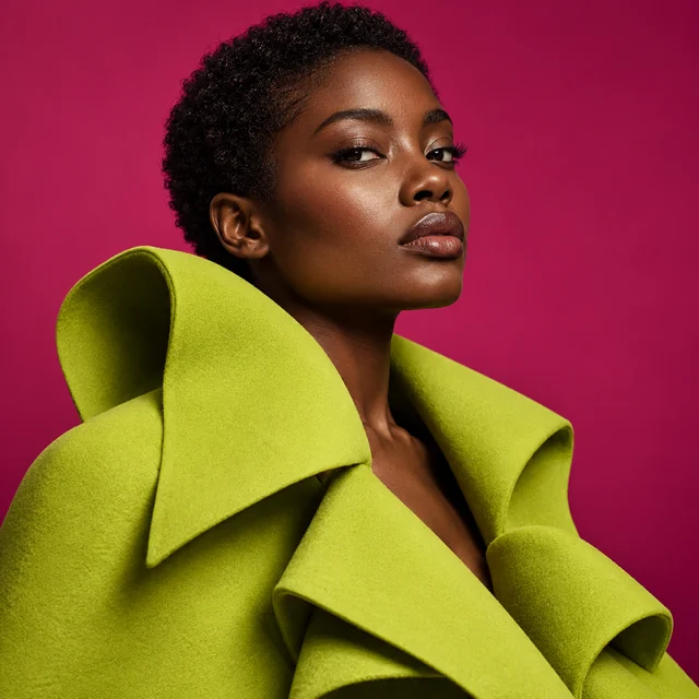 Fashion portrait with a sculptural lime coat against a magenta backdrop.