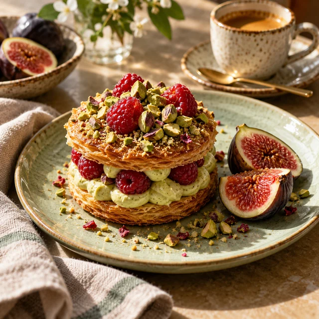 Pistachio and raspberry pastry with figs and espresso.