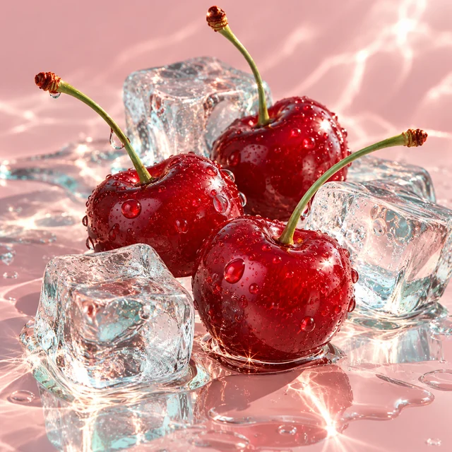 Glossy red cherries among crystal-clear ice cubes on a blush-pink surface.