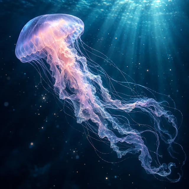 A translucent lavender jellyfish floating through deep blue water.