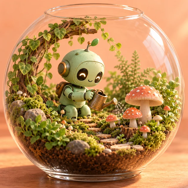 A tiny mint-green clay robot tending a mushroom terrarium.
