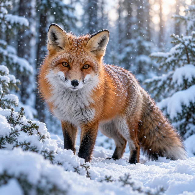 A red fox in a snowy evergreen forest.