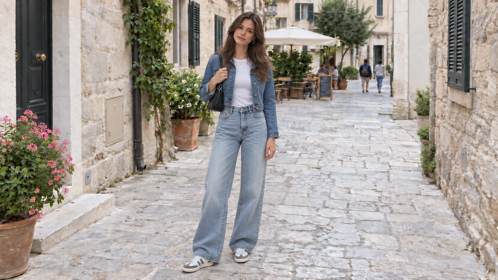 The same woman wearing a denim jacket, white T-shirt and light-wash jeans in the same street setting.