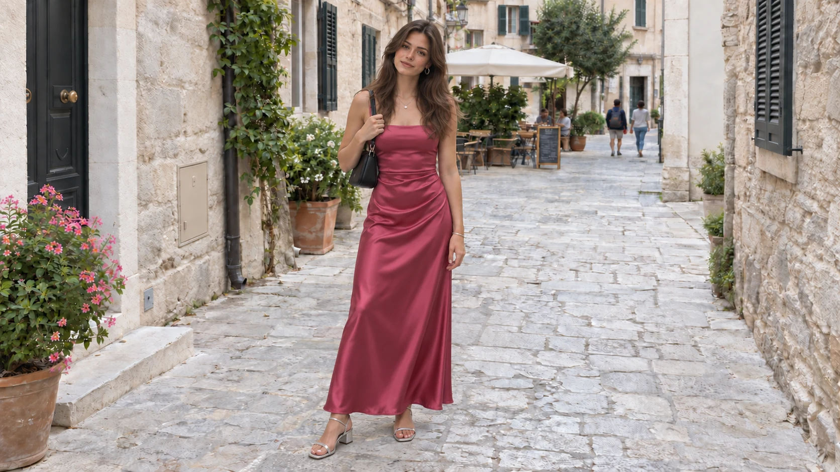 The same woman wearing a rose satin evening dress in the same street setting.