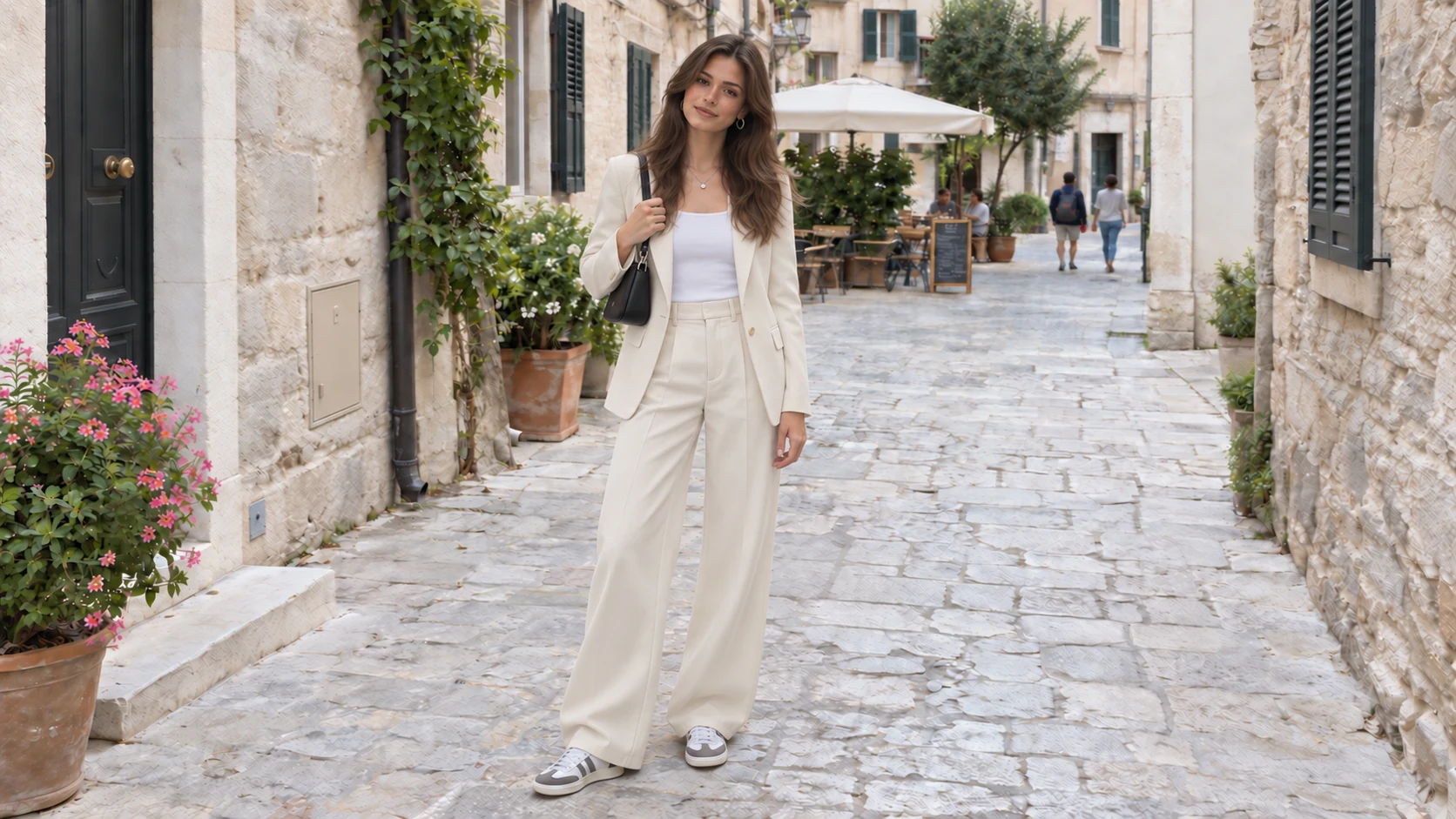The same woman wearing a modern ivory trouser suit in the same street setting.