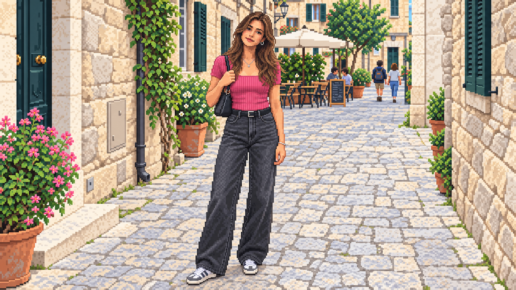 The same woman, pink outfit and limestone street reimagined as detailed 16-bit pixel art.