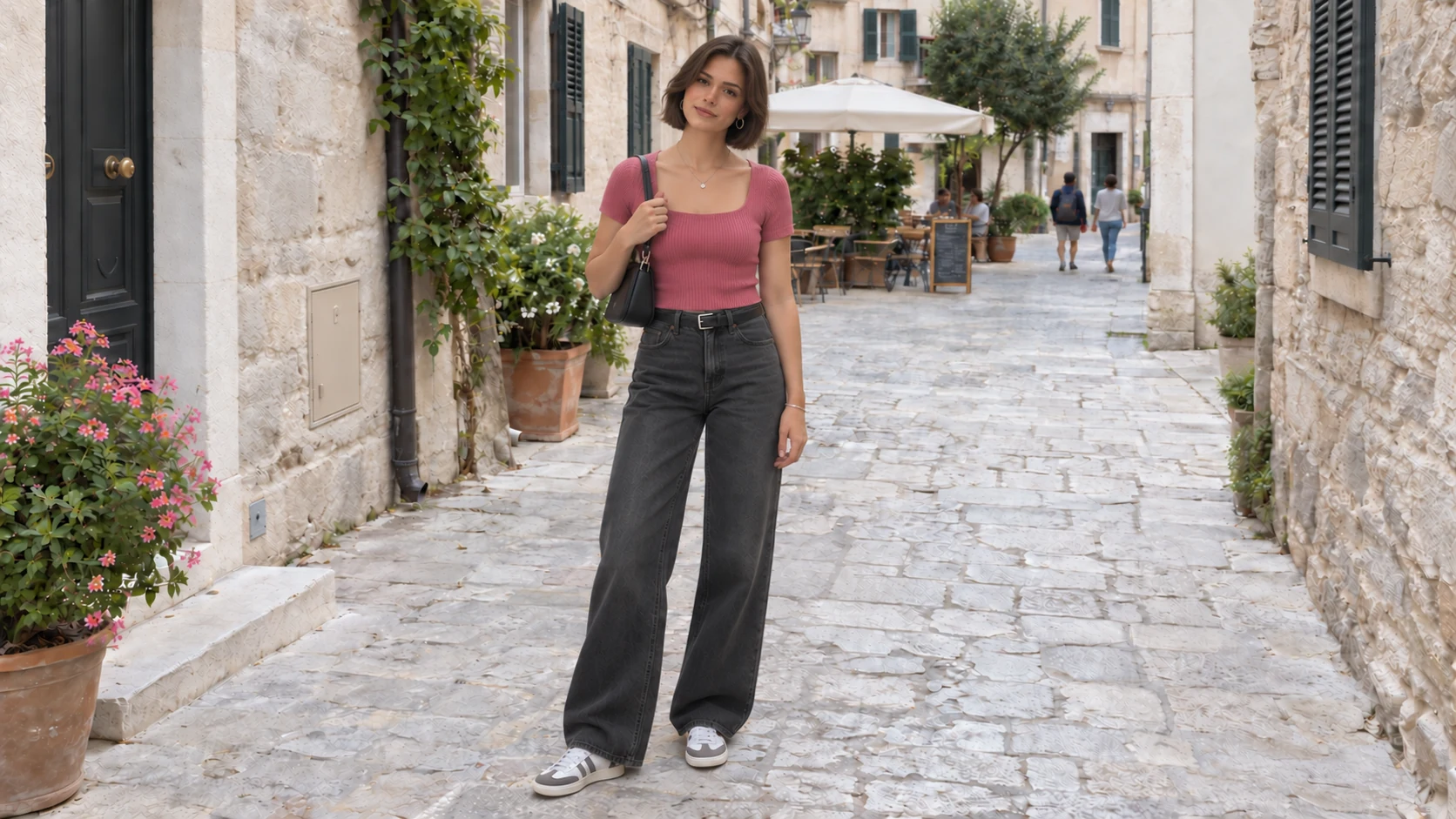 The same woman in her rose-pink top and charcoal jeans, with a chin-length brunette bob.