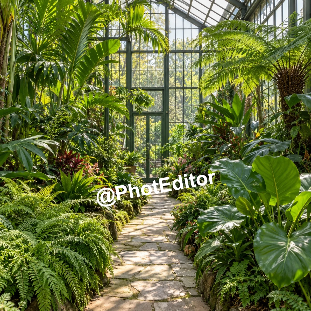 Sunlight over lush green ferns and a stone path in a glass greenhouse.