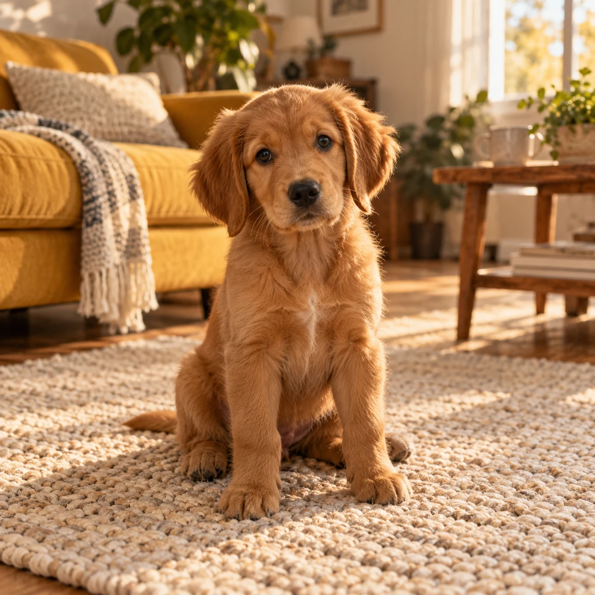 A golden-brown puppy on a cream rug in a sunlit living room.