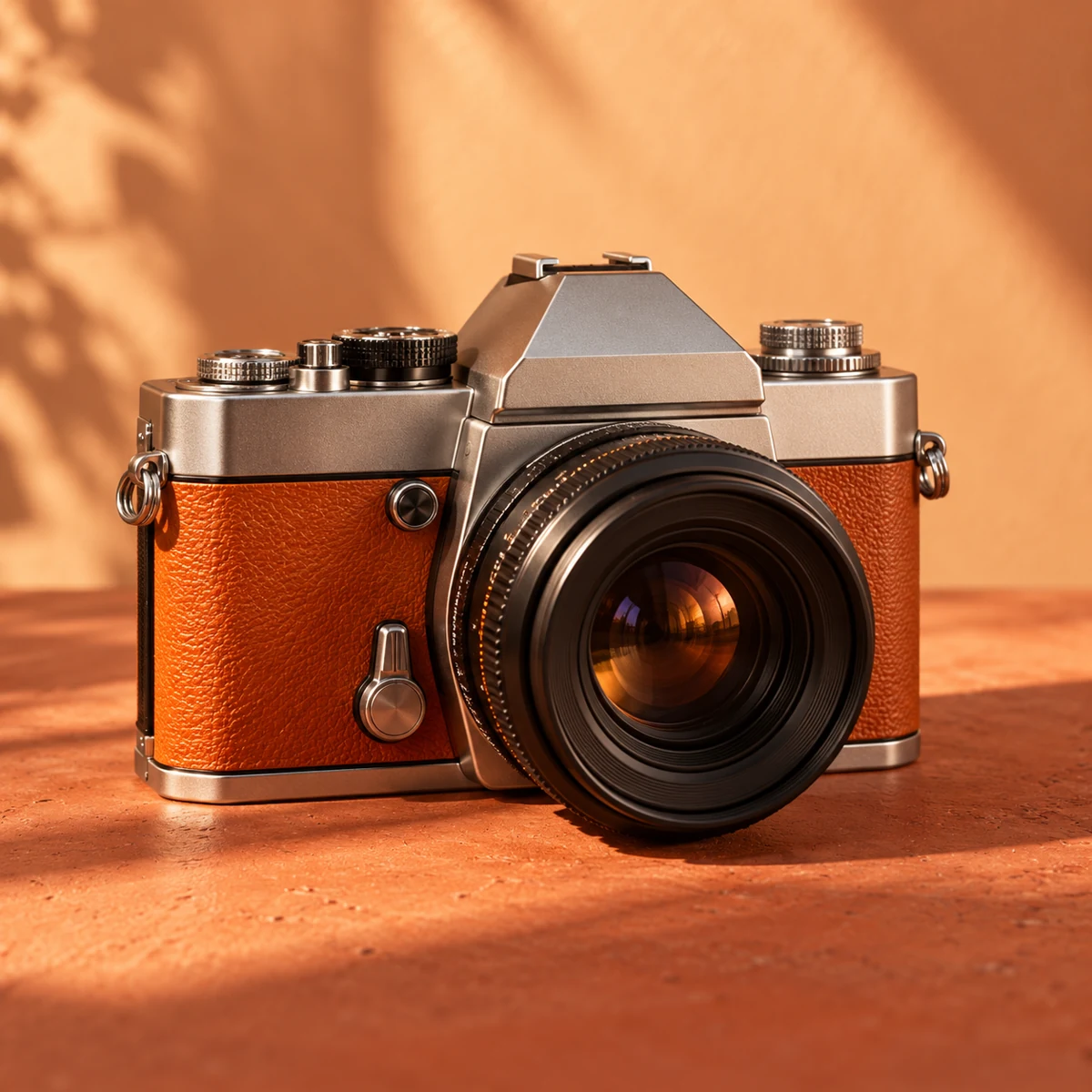An orange retro camera in warm studio sunlight.