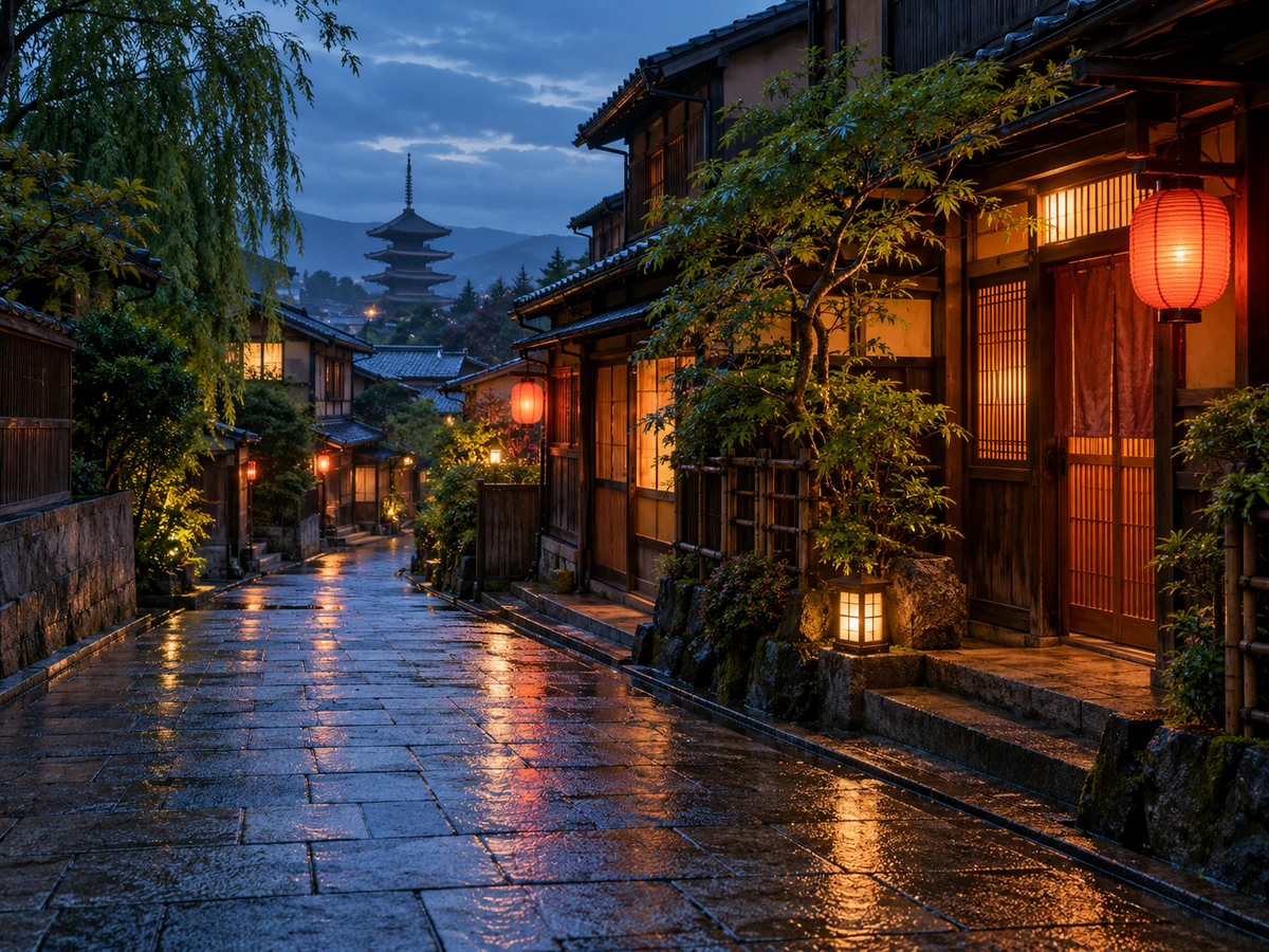 Lantern-lit wooden buildings on a rainy Kyoto lane at blue hour.