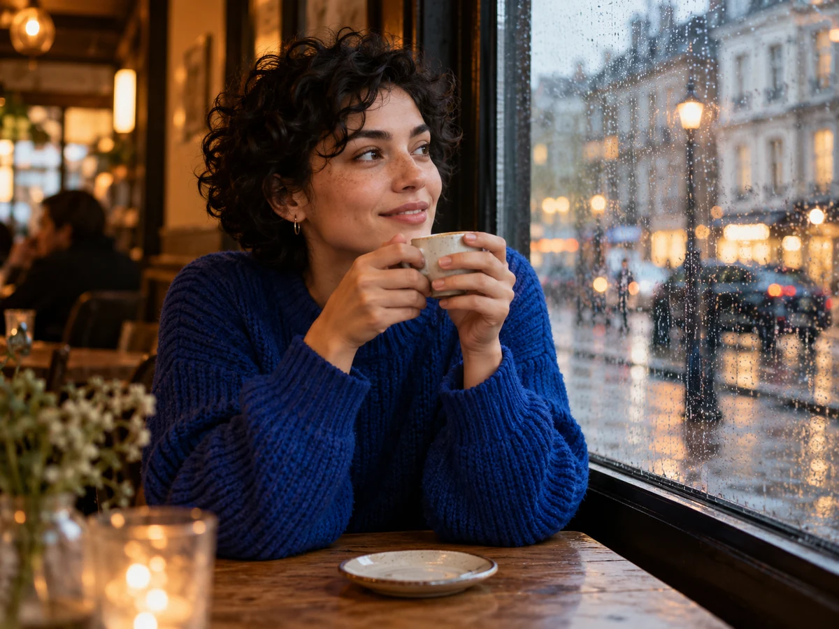 A woman in a blue sweater beside a rainy cafe window.