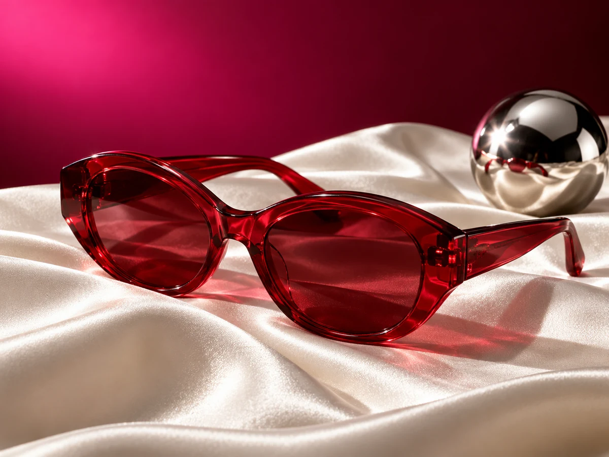 Cherry-red sunglasses on ivory satin against a fuchsia backdrop.