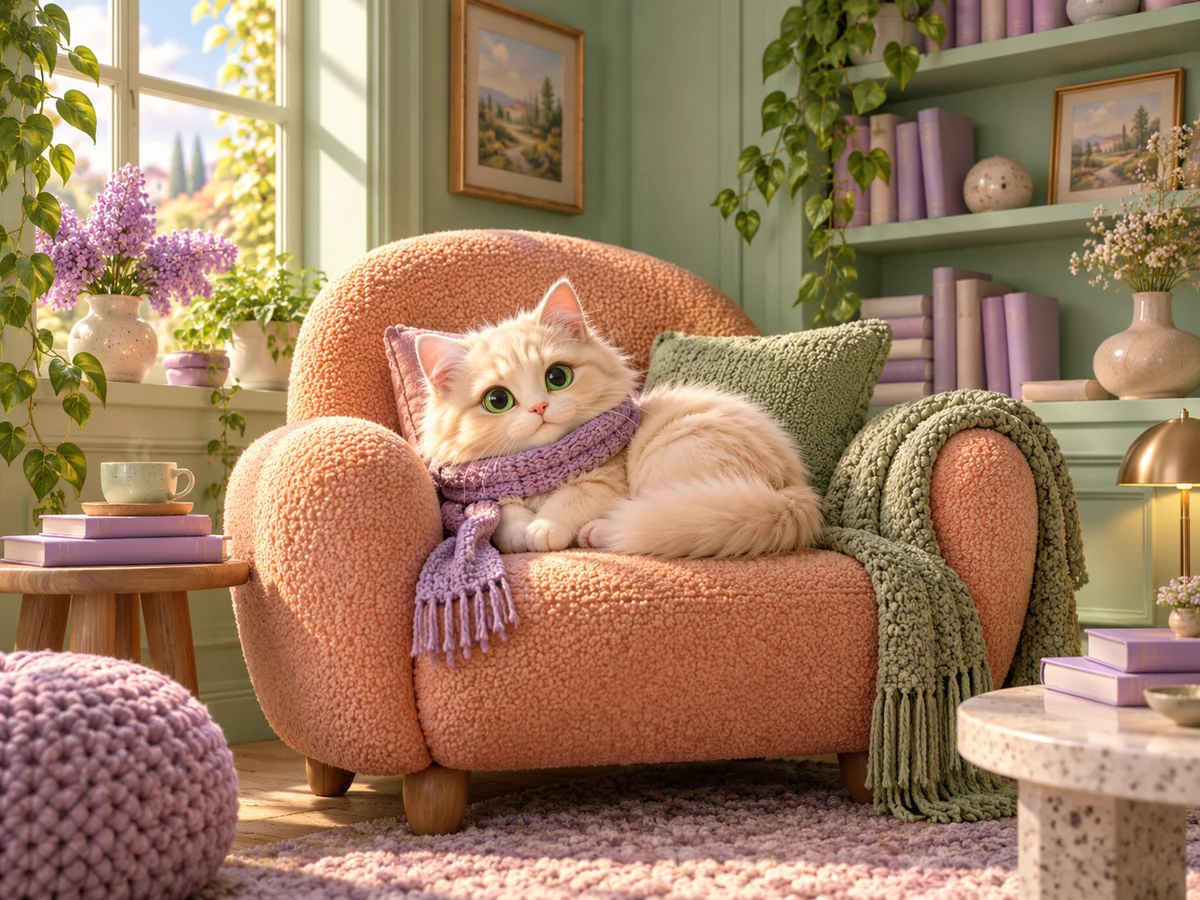A stylized 3D cream cat in a lavender scarf on a peach armchair.