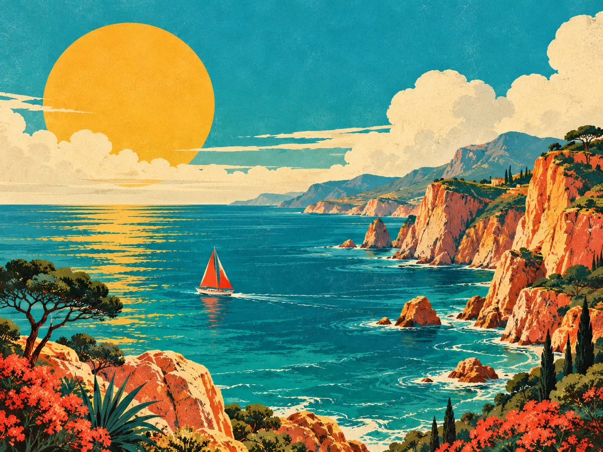 A retro illustration of a red sailboat, turquoise sea and golden sun.