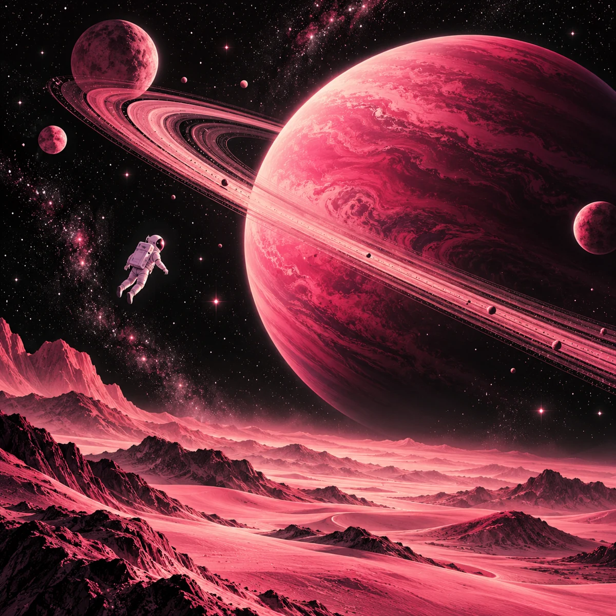 A white-suited astronaut floating beside a pink ringed planet above a rose-colored alien landscape.
