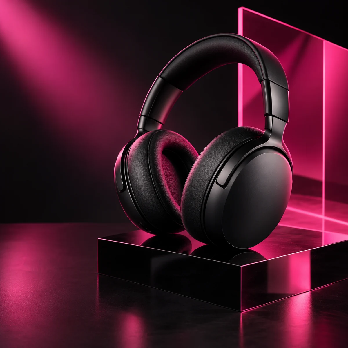Matte-black headphones on a dark pedestal with vivid pink studio lighting.