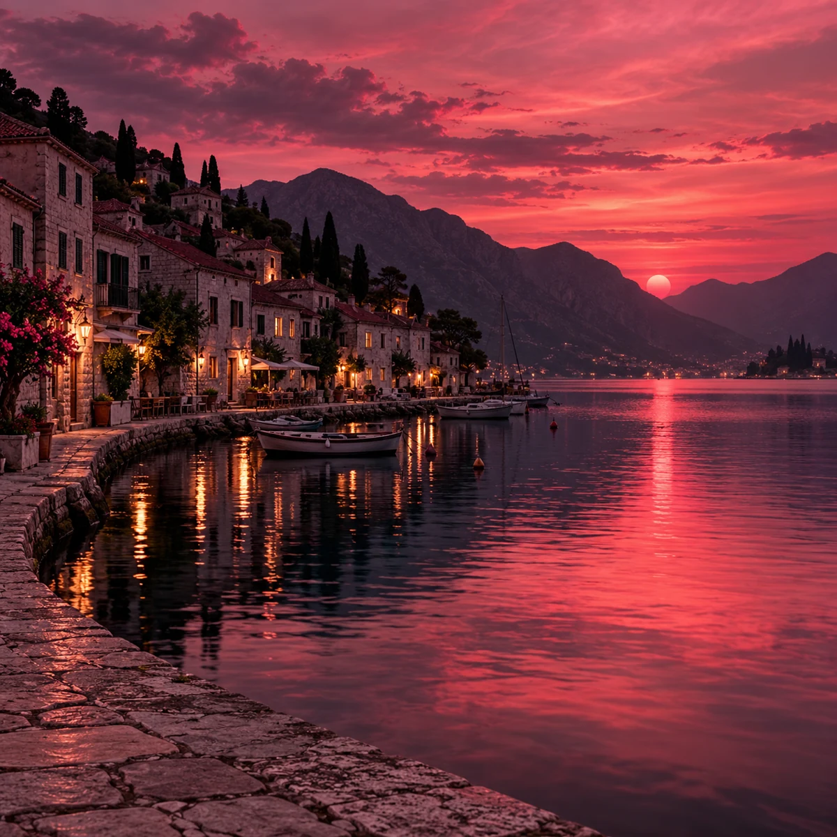 A dark Mediterranean harbor beneath a pink dusk sky reflected in calm water.