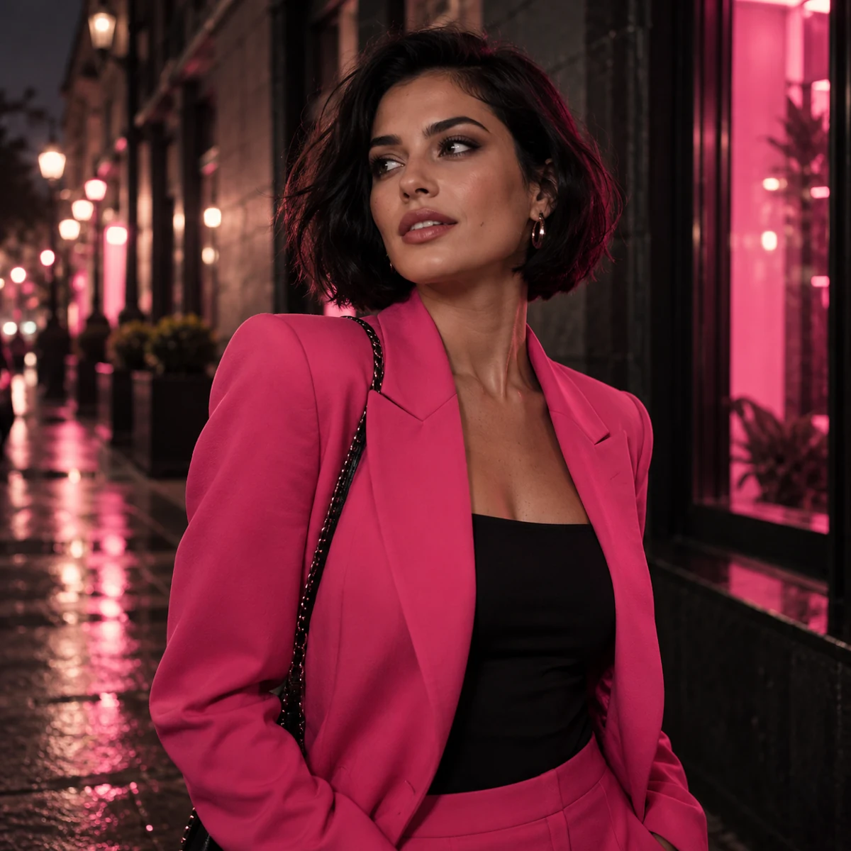 A woman in a rose-pink suit on a dark city street with pink storefront lights.